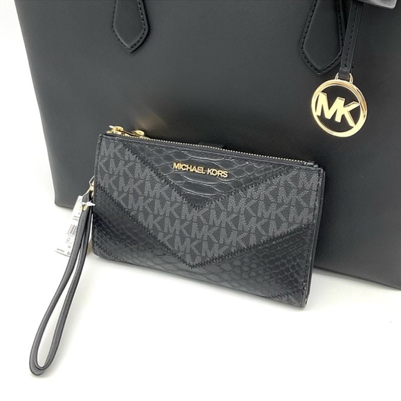 Michael Kors Bag Large Sheila Mf Tote Bag & Large Double Zip Wallet Black/Gold - Picture 12 of 14